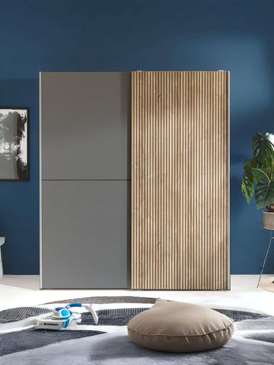 Berno Light Oak and Dark Grey Sliding 2 Door Wardrobe – Light Oak Effect and Dark Grey
