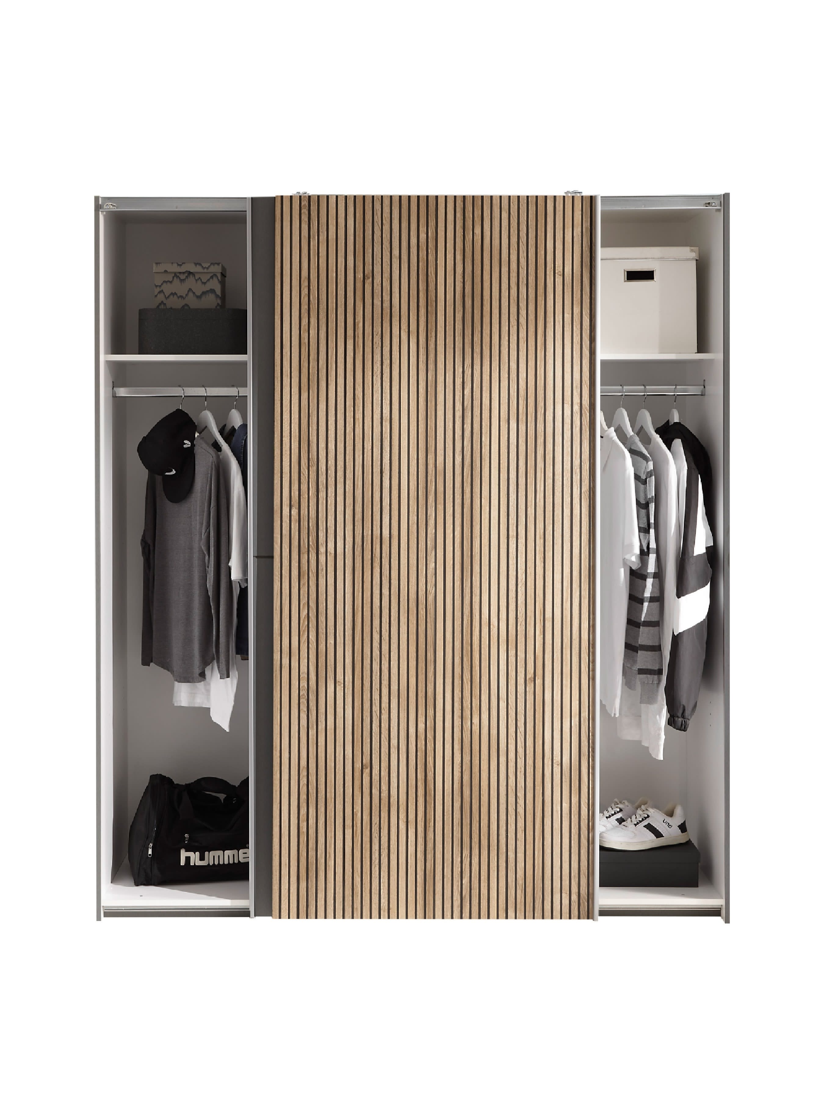 Berno Light Oak and Dark Grey Sliding 2 Door Wardrobe – Light Oak Effect and Dark Grey