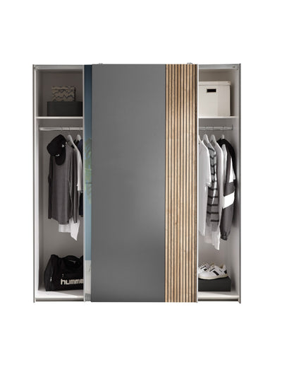 Berno Light Oak and Dark Grey Sliding 2 Door Wardrobe With Mirror – Light Oak Effect and Dark Grey