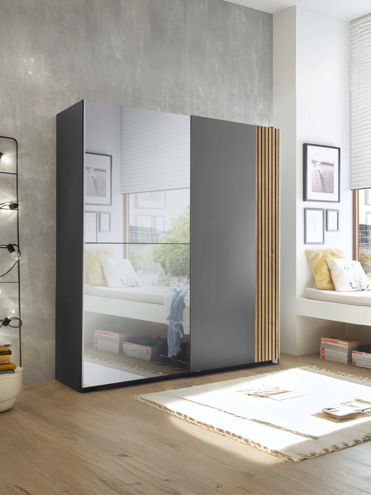 Berno Light Oak and Dark Grey Sliding 2 Door Wardrobe With Mirror – Light Oak Effect and Dark Grey
