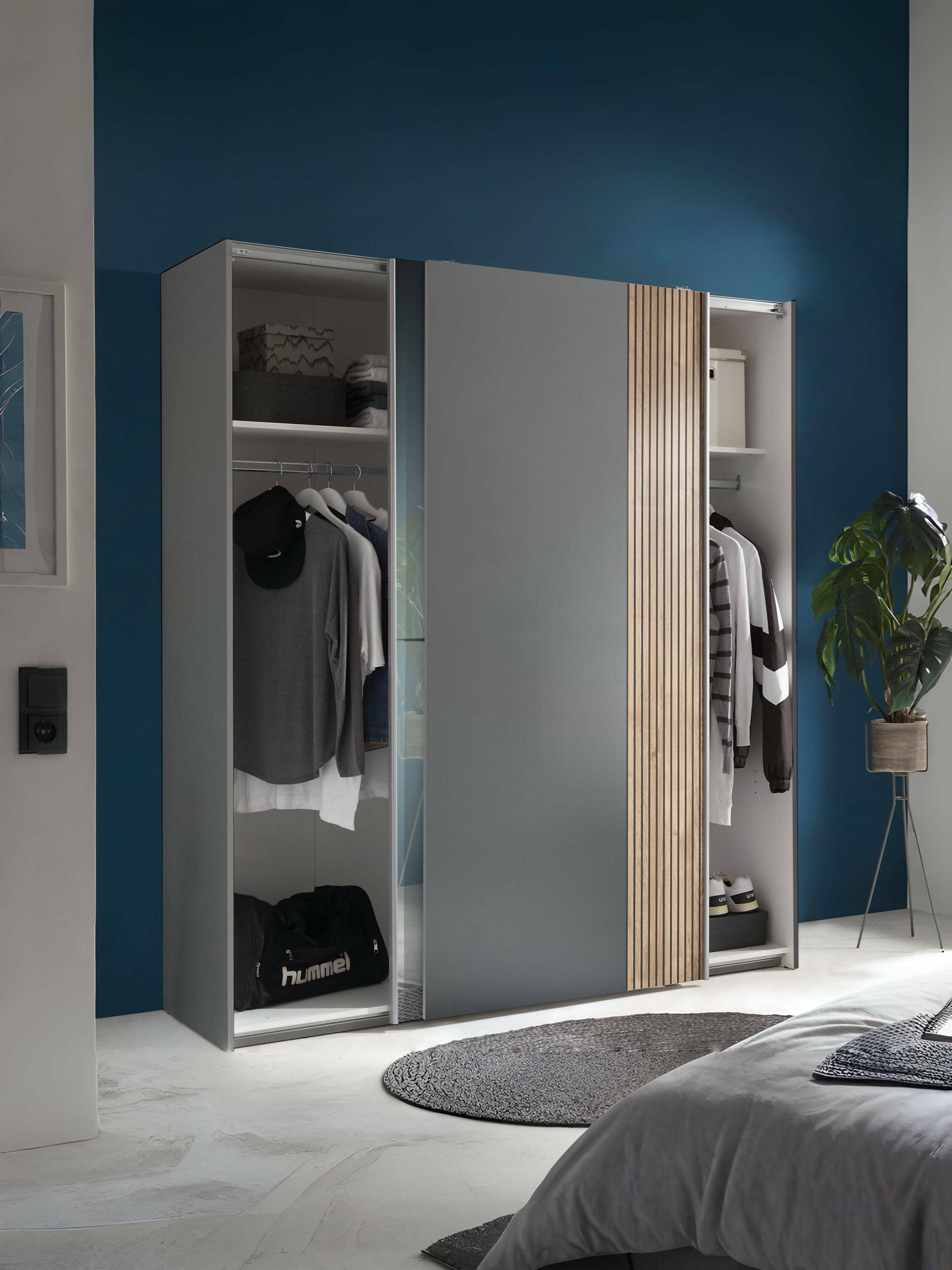 Berno Light Oak and Dark Grey Sliding 2 Door Wardrobe With Mirror – Light Oak Effect and Dark Grey