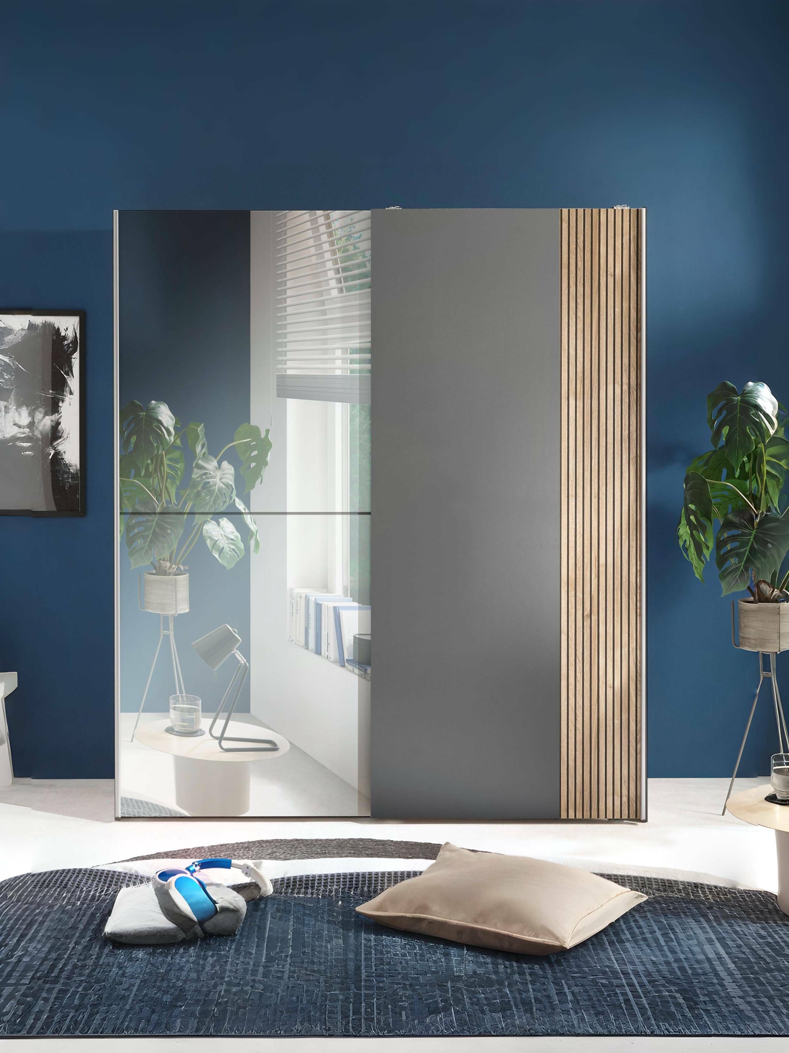 Berno Light Oak and Dark Grey Sliding 2 Door Wardrobe With Mirror – Light Oak Effect and Dark Grey