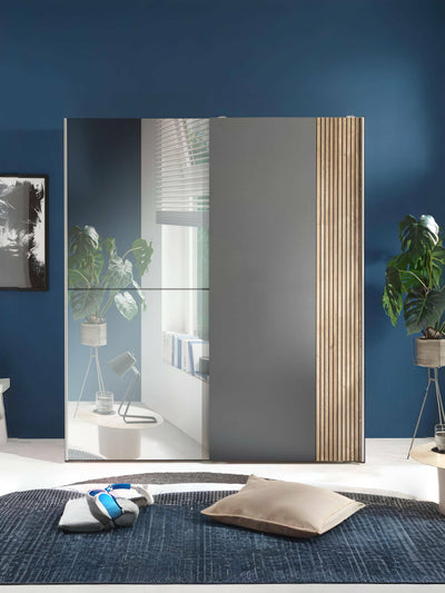Berno Light Oak and Dark Grey Sliding 2 Door Wardrobe With Mirror – Light Oak Effect and Dark Grey