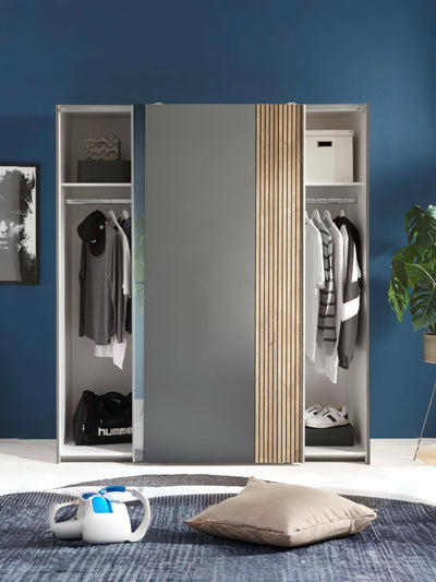 Berno Light Oak and Dark Grey Sliding 2 Door Wardrobe With Mirror – Light Oak Effect and Dark Grey