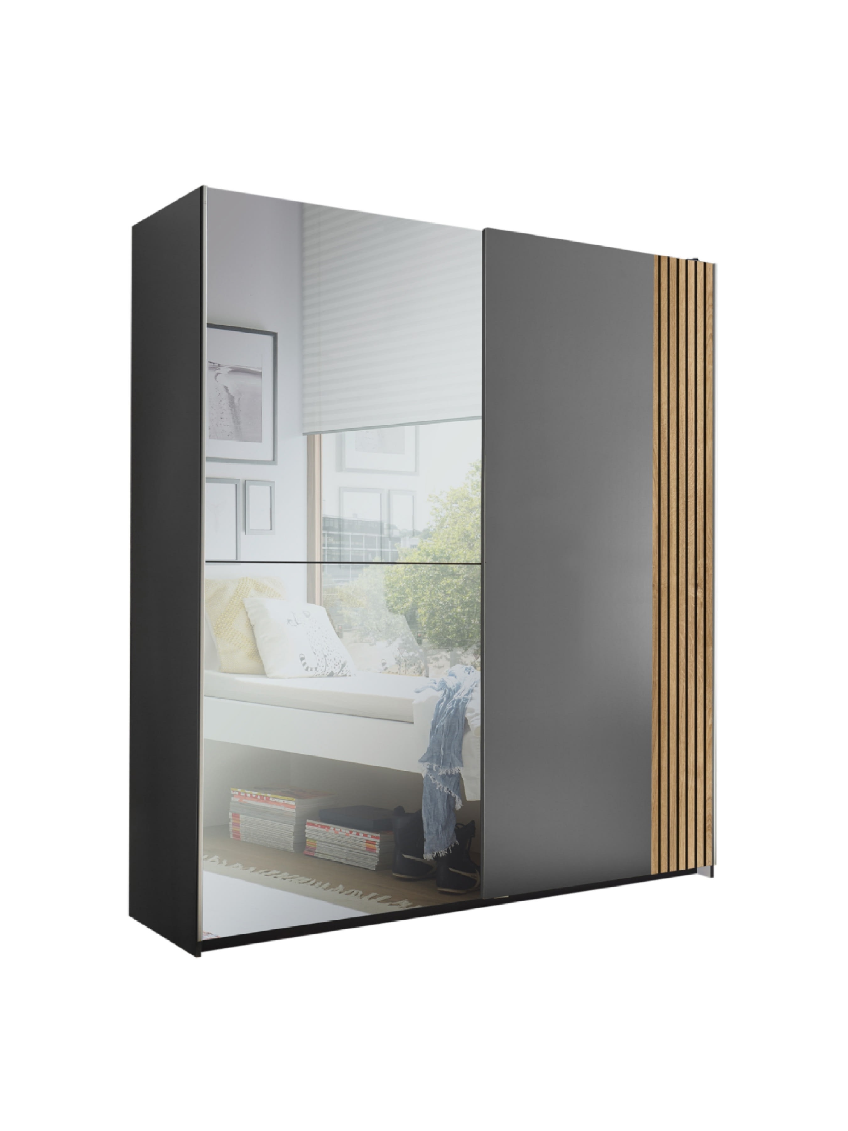 Berno Light Oak and Dark Grey Sliding 2 Door Wardrobe With Mirror – Light Oak Effect and Dark Grey