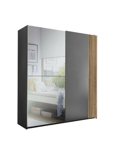 Berno Light Oak and Dark Grey Sliding 2 Door Wardrobe With Mirror – Light Oak Effect and Dark Grey