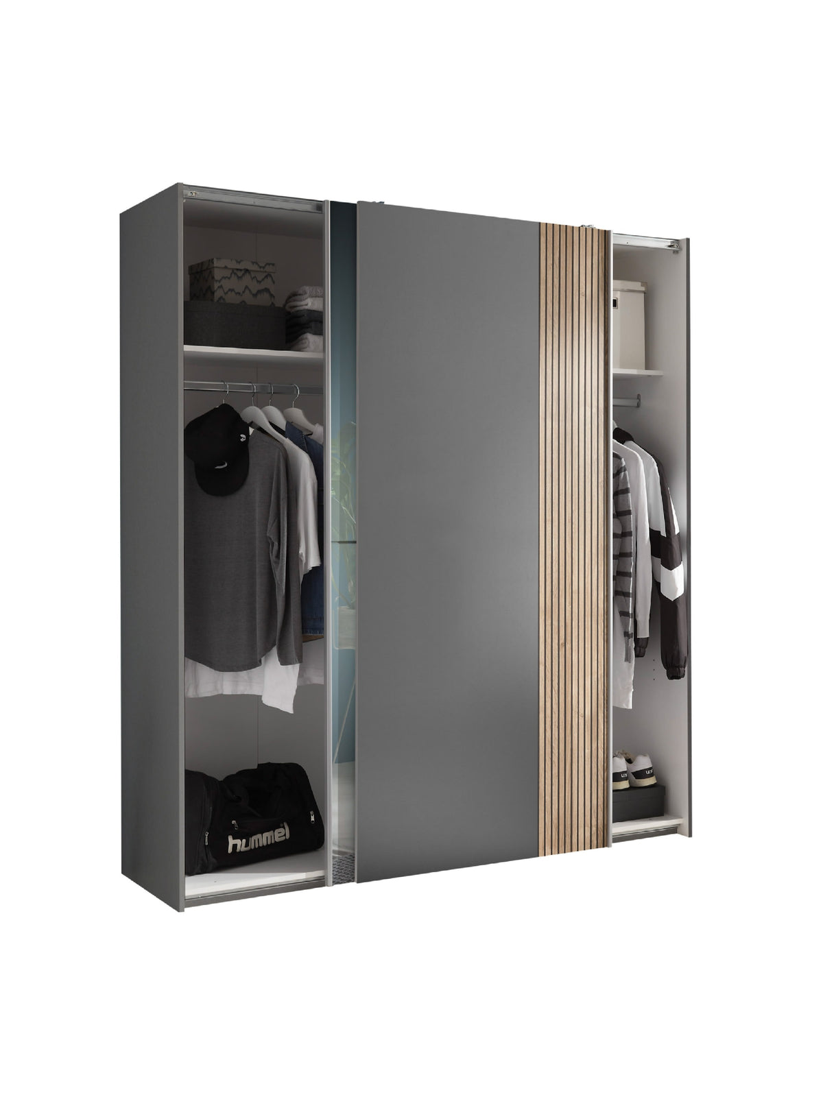 Berno Light Oak and Dark Grey Sliding 2 Door Wardrobe With Mirror – Light Oak Effect and Dark Grey
