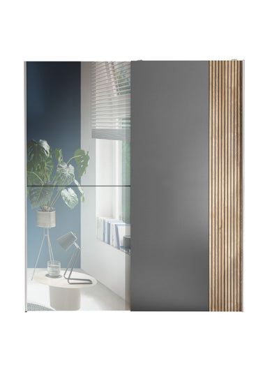 Berno Light Oak and Dark Grey Sliding 2 Door Wardrobe With Mirror – Light Oak Effect and Dark Grey