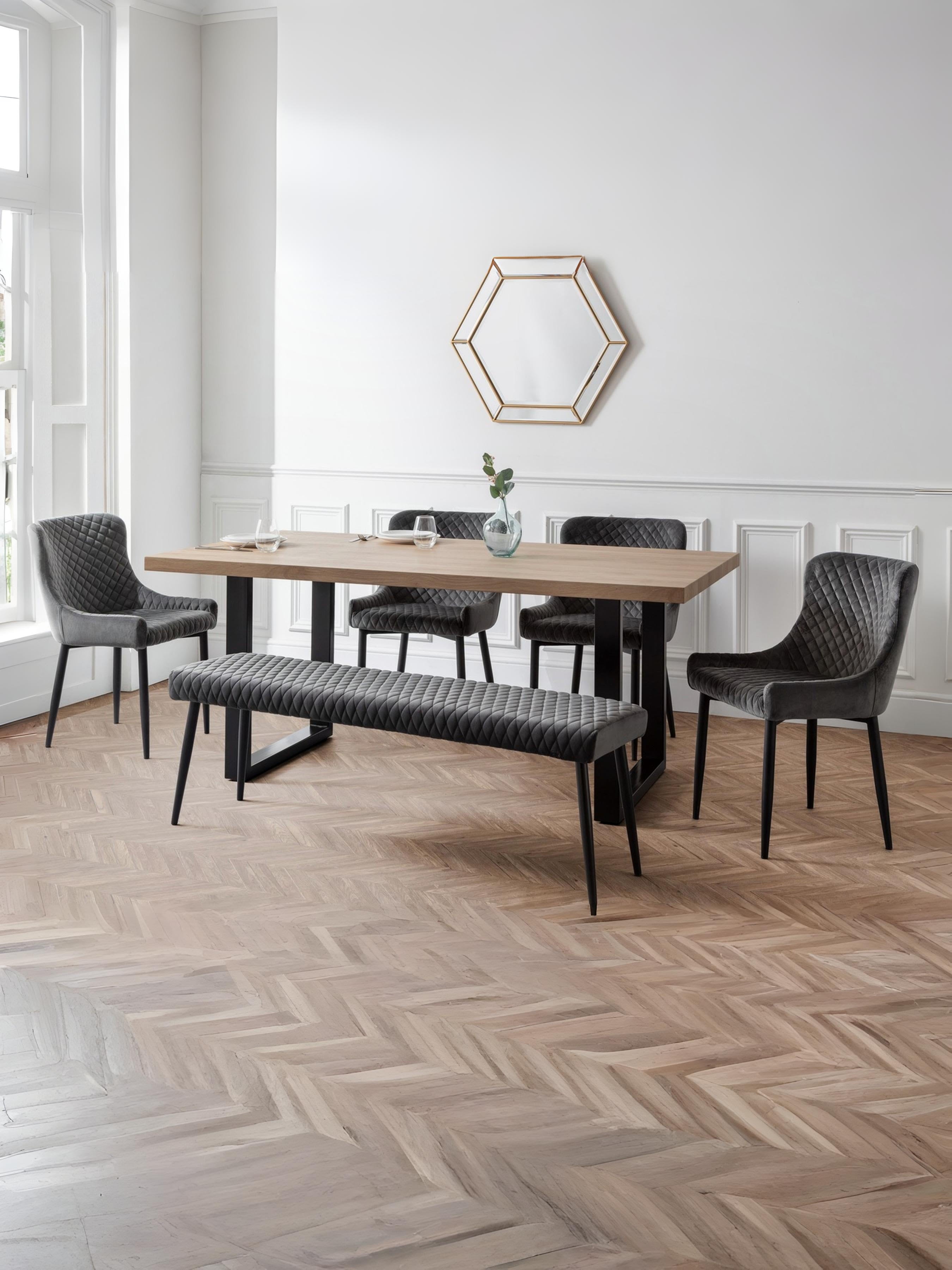 Berwick Rectangular Table, 1 Grey plush Low Bench and 4 Grey plush Chairs – Oak Effect