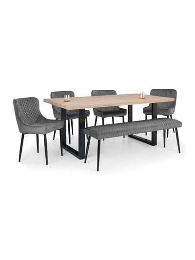 Berwick Rectangular Table, 1 Grey plush Low Bench and 4 Grey plush Chairs – Oak Effect