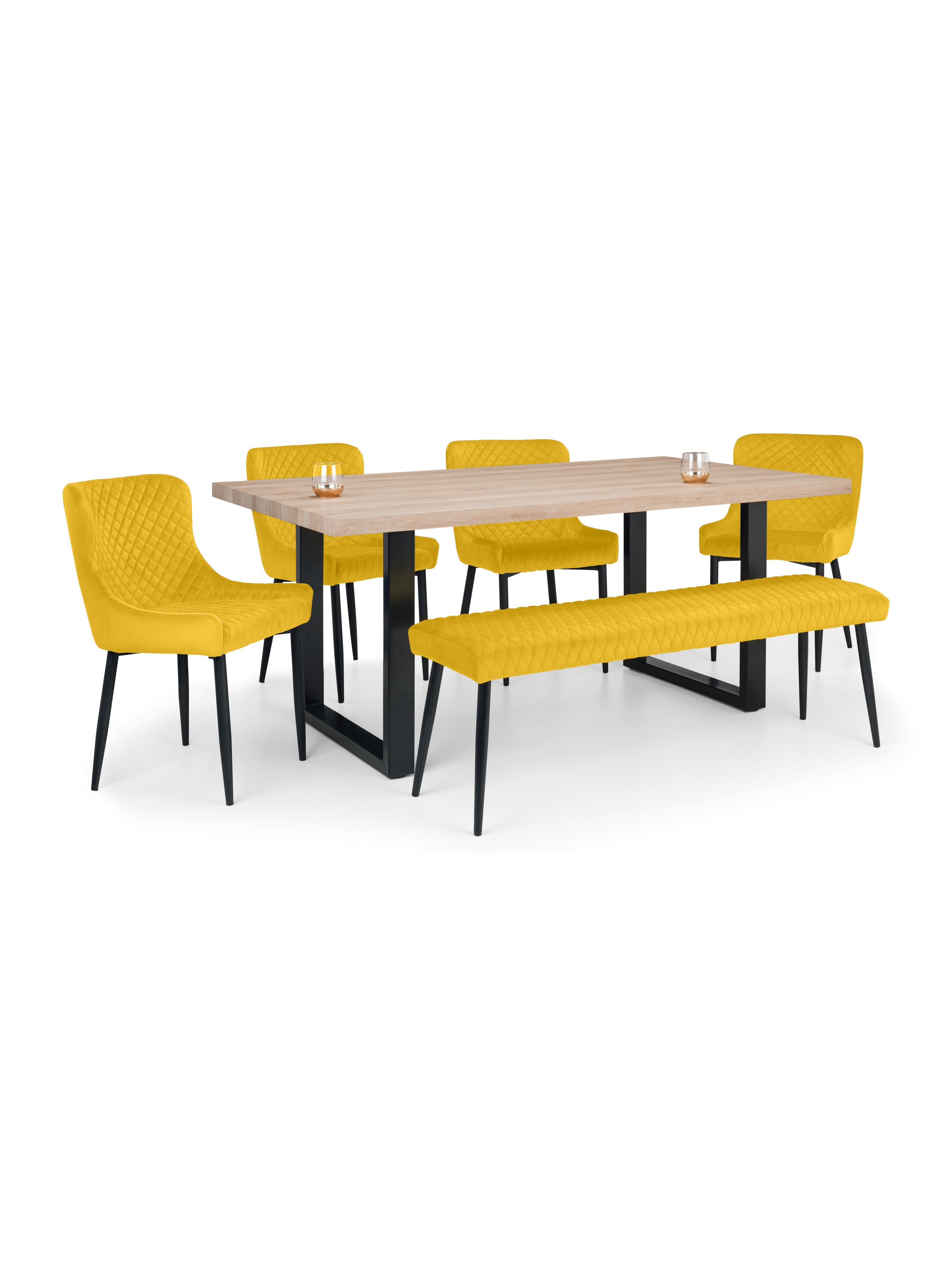Berwick Rectangular Table, 1 Mustard plush Low Bench and 4 Mustard plush Chairs – Oak Effect
