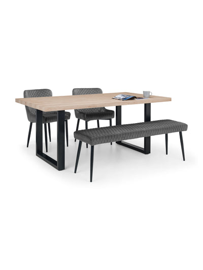 Berwick Rectangular Table, 1 Grey plush Low Bench and 2 Grey plush Chairs – Oak Effect