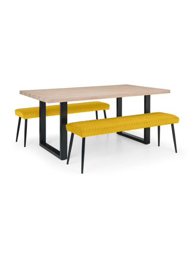 Berwick Rectangular Table and 2 Mustard plush Low Benches – Oak Effect