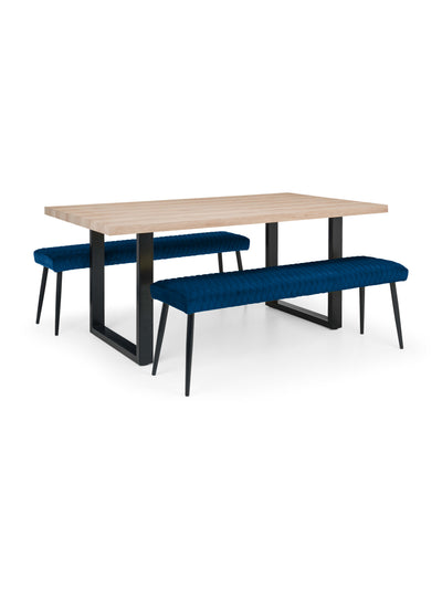 Berwick Rectangular Table and 2 Blue plush Low Benches – Oak Effect