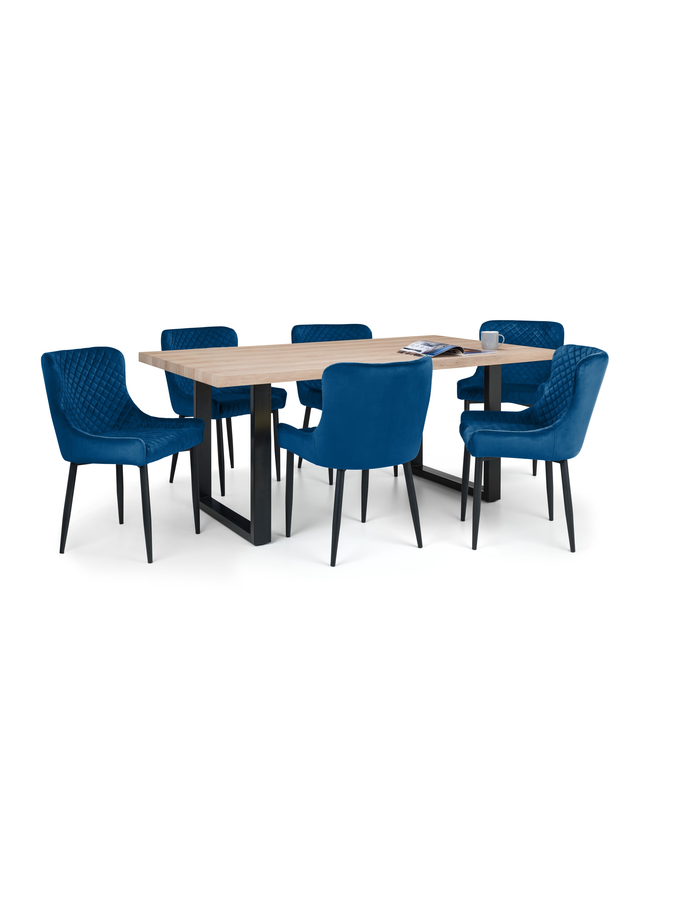 Berwick Rectangular Table and 6 Blue plush Chairs – Oak Effect
