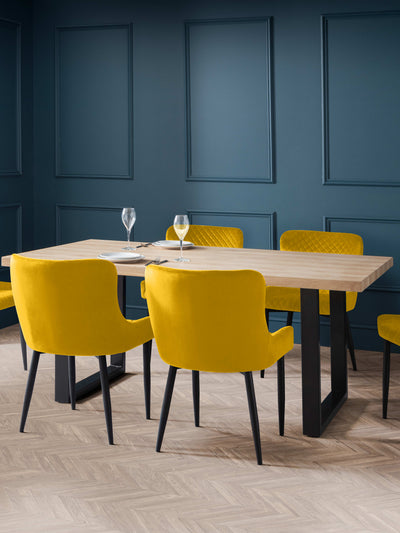 Berwick Rectangular Table and 6 Mustard plush Chairs – Oak Effect