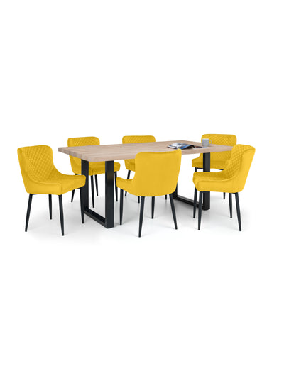 Berwick Rectangular Table and 6 Mustard plush Chairs – Oak Effect