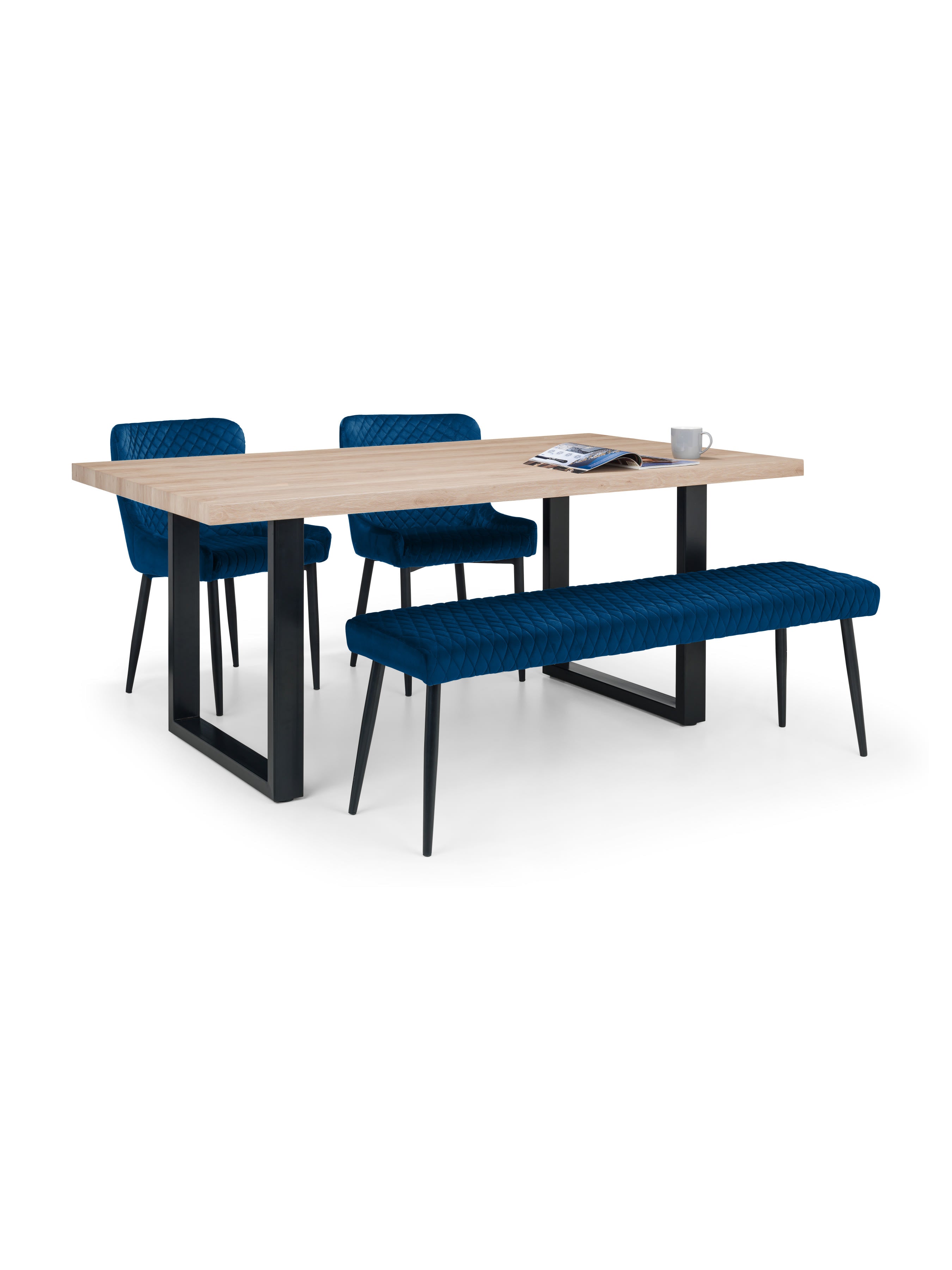 Berwick Rectangular Table, 1 Blue plush Low Bench and 2 Blue plush Chairs – Oak Effect