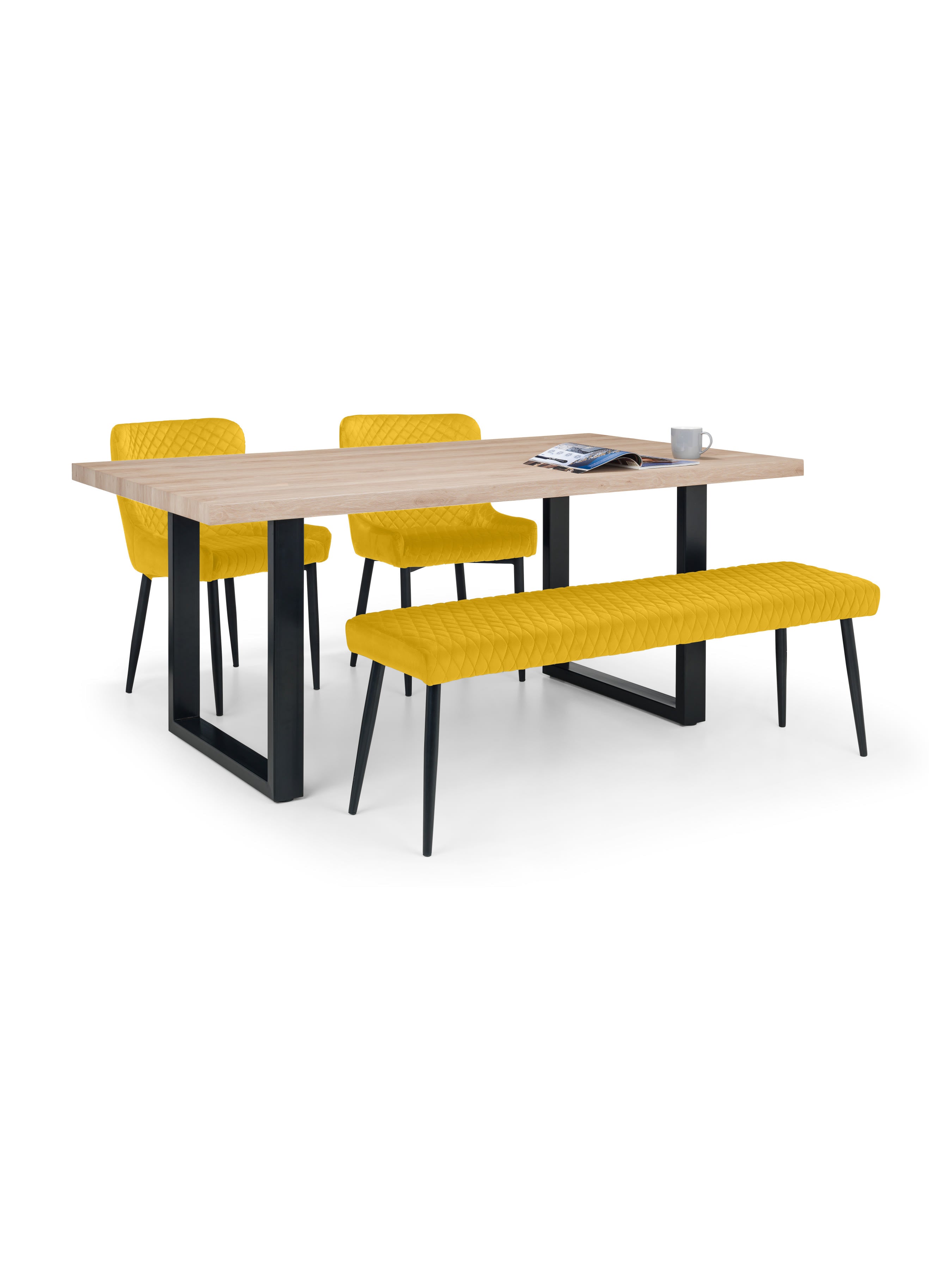 Berwick Rectangular Table, 1 Mustard plush Low Bench and 2 Mustard plush Chairs – Oak Effect