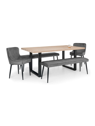 Berwick Rectangular Table, 2 Grey plush Low Benches and 2 Grey plush Chairs – Oak Effect