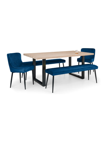 Berwick Rectangular Table, 2 Blue plush Low Benches and 2 Blue plush Chairs – Oak Effect