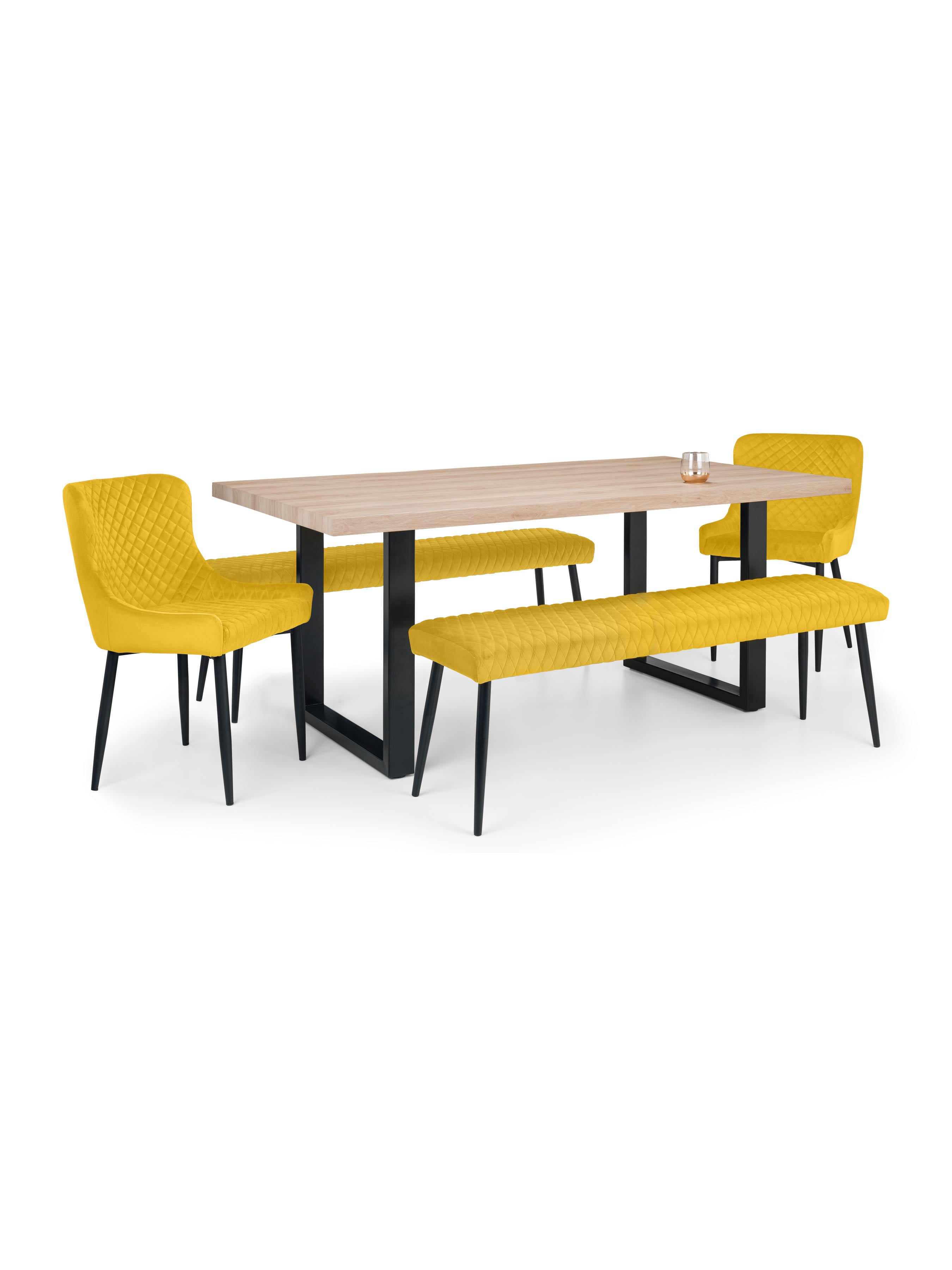 Berwick Rectangular Table, 2 Mustard plush Low Benches and 2 Mustard plush Chairs – Oak Effect