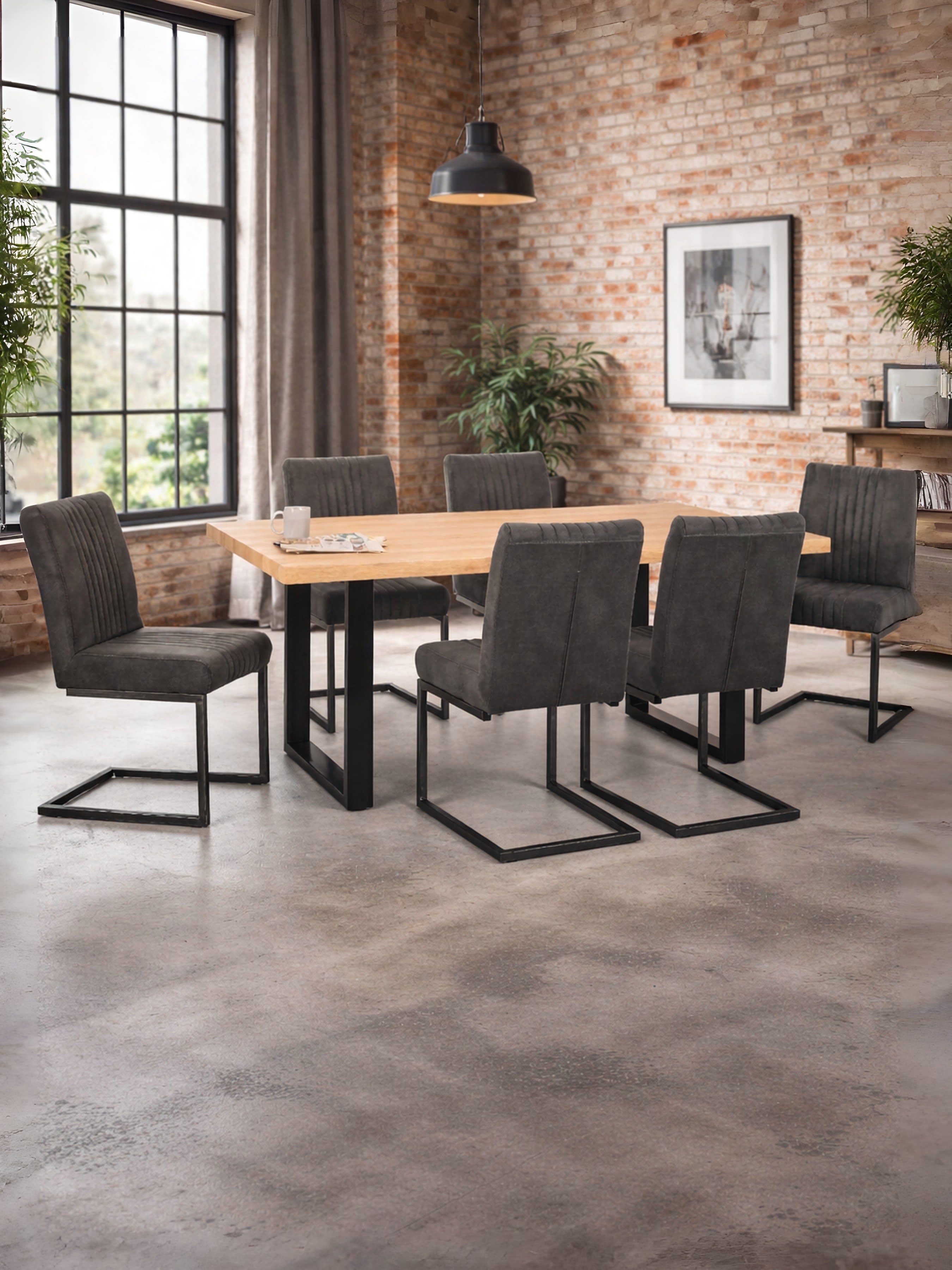 Berwick Rectangular Oak Effect Dining Table Set with 6 Brooklyn Grey Faux Suede Dining Chairs