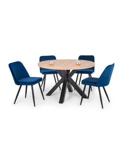 Berwick Round Table and 4 Blue Burgess Chairs – Oak Effect