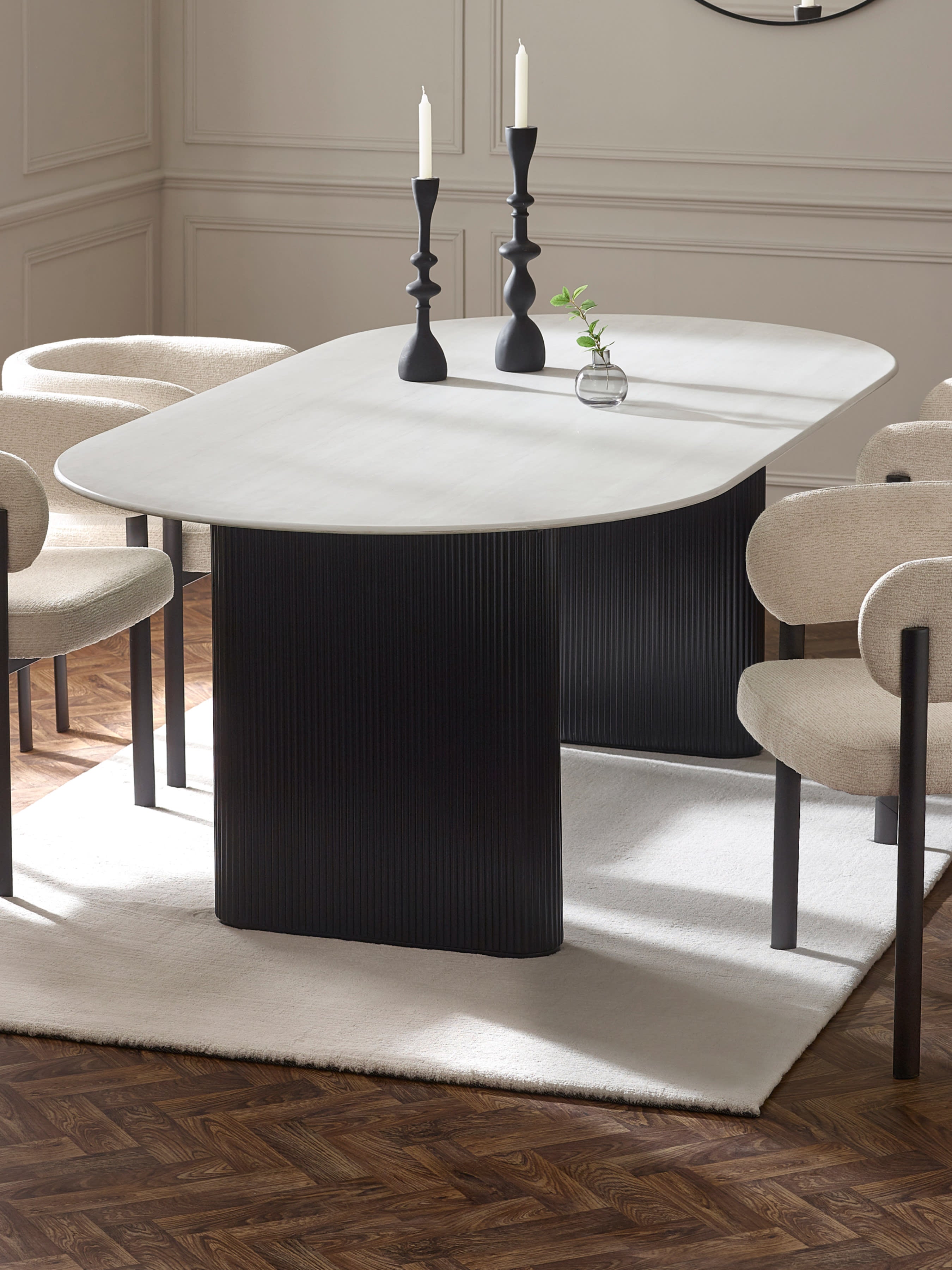 Bolivia 220cm White Stone Effect Oval Dining Table – White Stone Effect and Black
