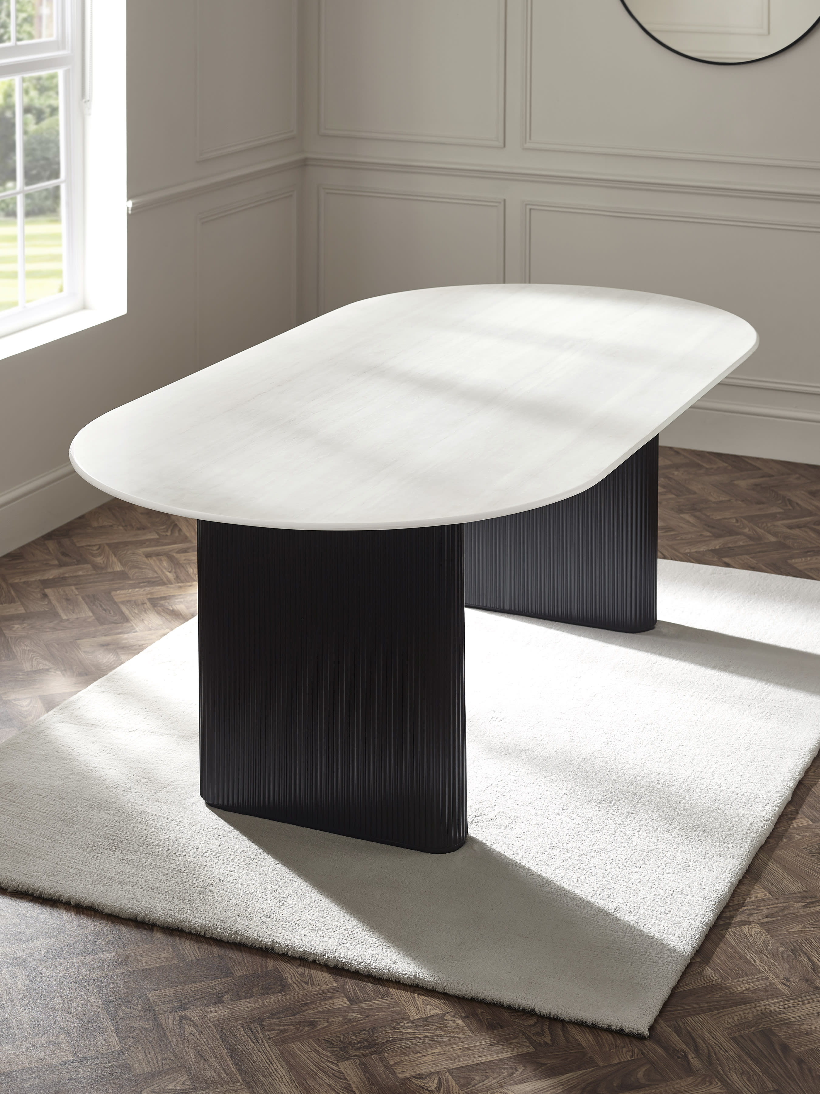 Bolivia 220cm White Stone Effect Oval Dining Table – White Stone Effect and Black