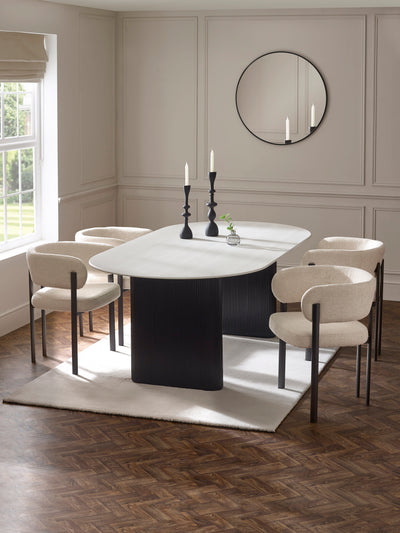 Bolivia White Stone Oval Dining Table Set with 4 Cream Chenille Upholstered Dining Chairs – White Stone Effect and Black