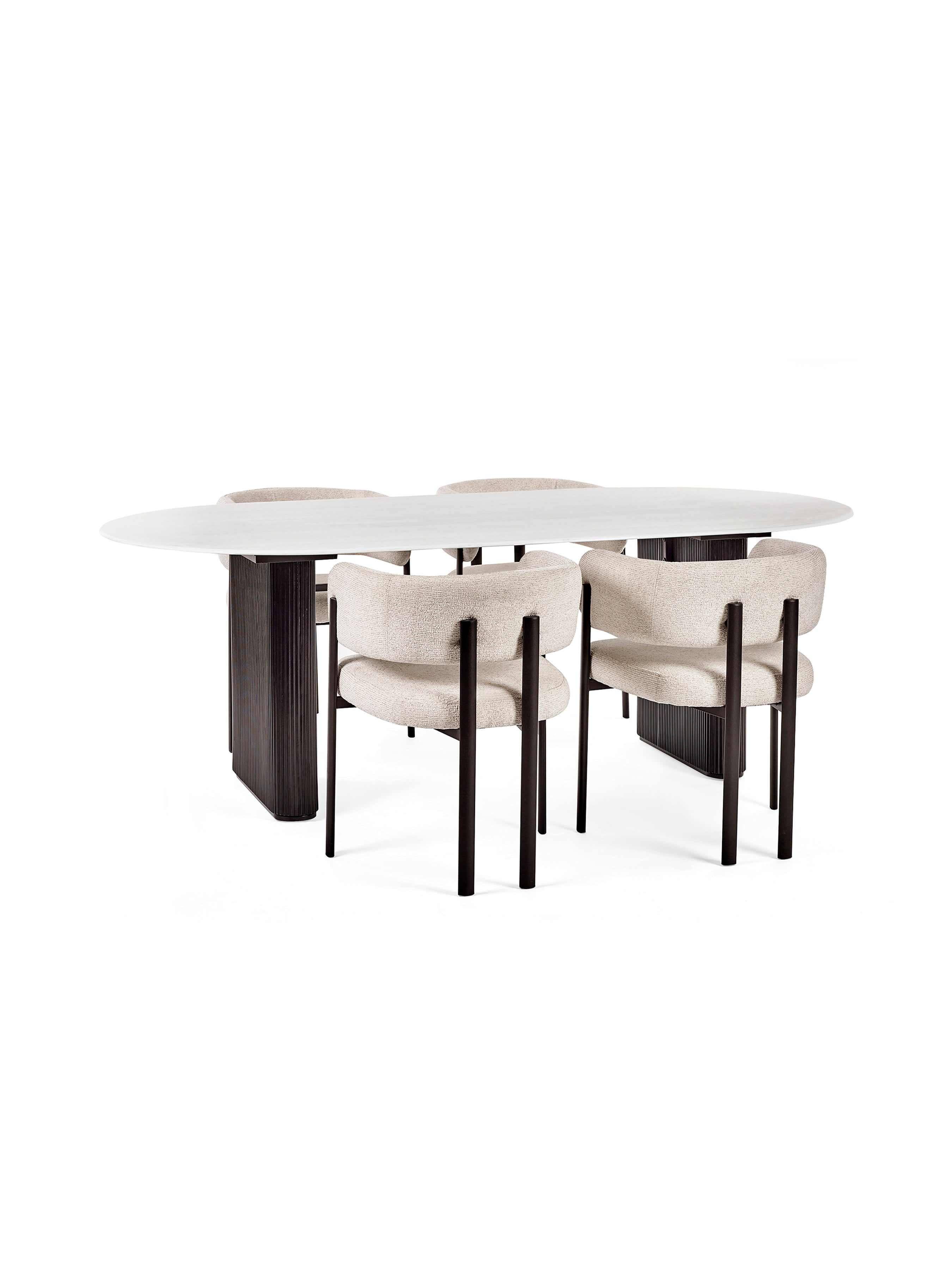 Bolivia White Stone Oval Dining Table Set with 4 Cream Chenille Upholstered Dining Chairs – White Stone Effect and Black