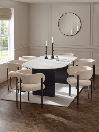 Bolivia White Stone Oval Dining Table Set with 6 Cream Chenille Upholstered Dining Chairs – White Stone Effect and Black