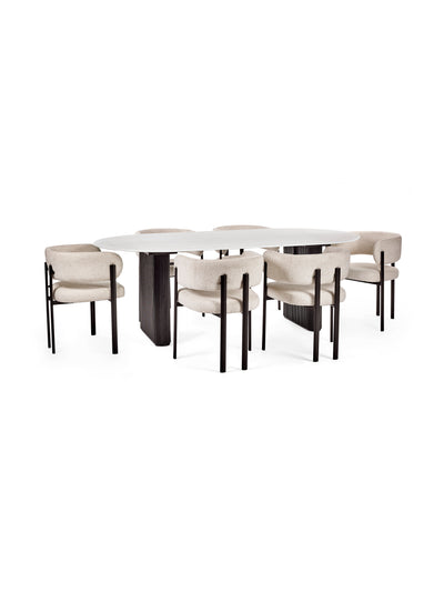 Bolivia White Stone Oval Dining Table Set with 6 Cream Chenille Upholstered Dining Chairs – White Stone Effect and Black