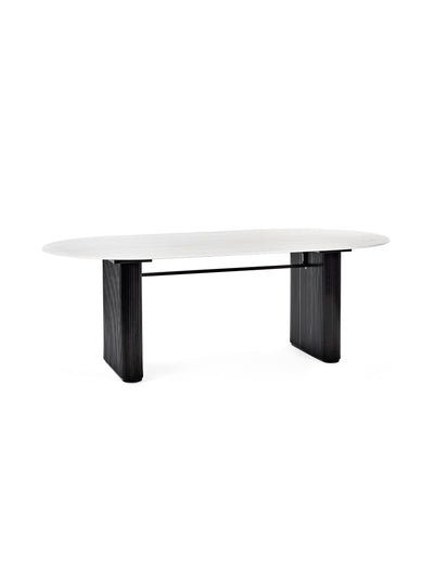 Bolivia White Stone Oval Dining Table Set with 6 Cream Chenille Upholstered Dining Chairs – White Stone Effect and Black