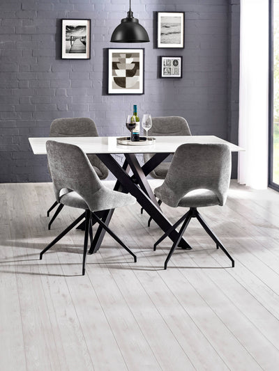 Bradley White Ceramic Marble Effect Rectangular Dining Table Set with 4 Jonah Grey Chenille Upholstered Dining Chairs – White/Black