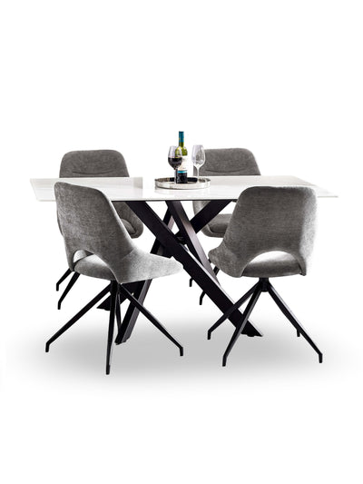 Bradley White Ceramic Marble Effect Rectangular Dining Table Set with 4 Jonah Grey Chenille Upholstered Dining Chairs – White/Black