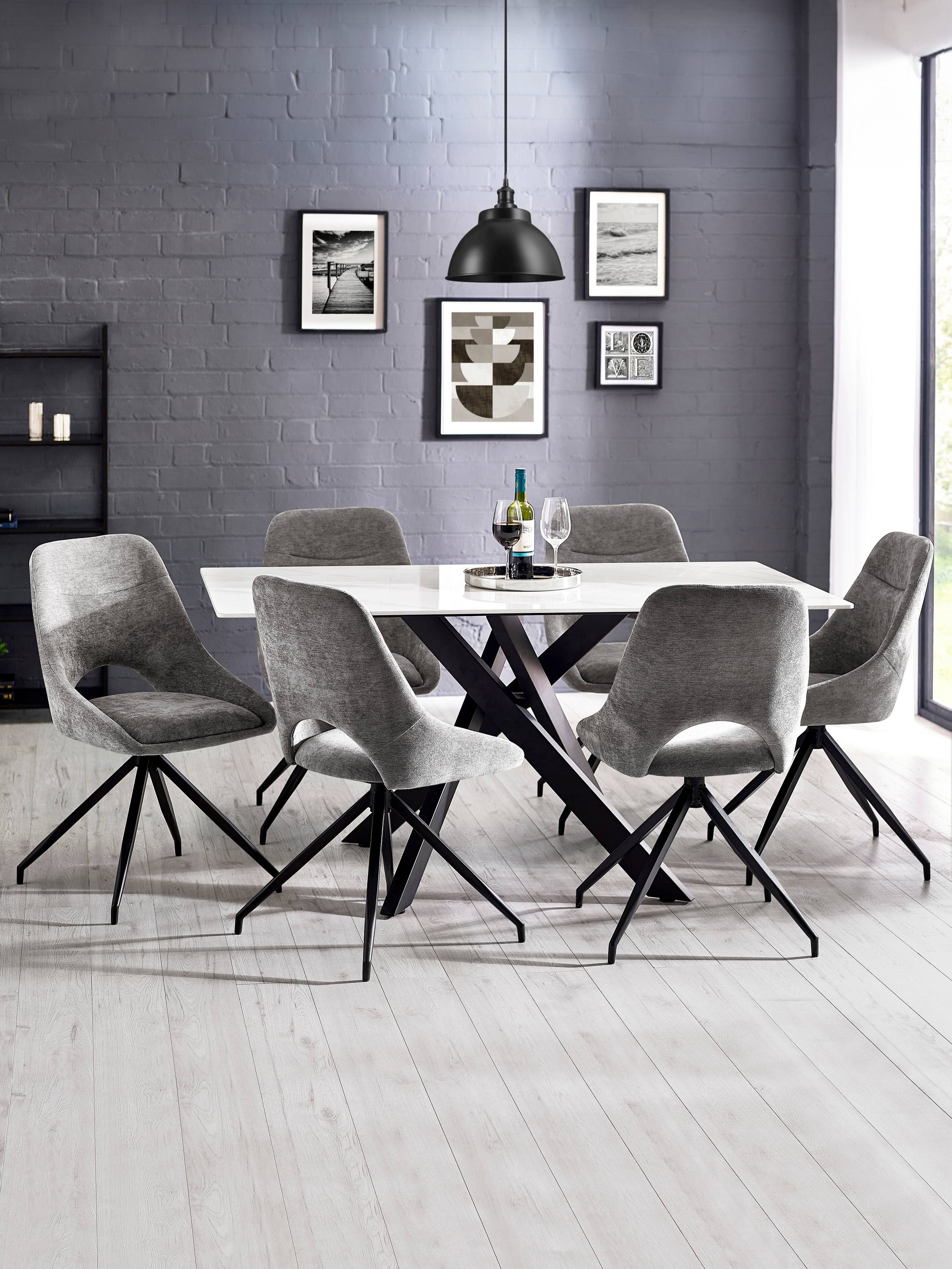 Bradley White Ceramic Marble Effect Rectangular Dining Table Set with 6 Jonah Grey Chenille Upholstered Dining Chairs – White/Black