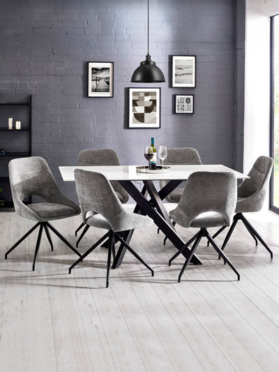 Bradley White Ceramic Marble Effect Rectangular Dining Table Set with 6 Jonah Grey Chenille Upholstered Dining Chairs – White/Black