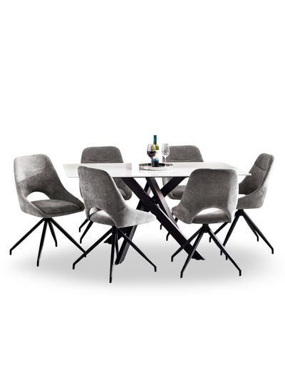 Bradley White Ceramic Marble Effect Rectangular Dining Table Set with 6 Jonah Grey Chenille Upholstered Dining Chairs – White/Black