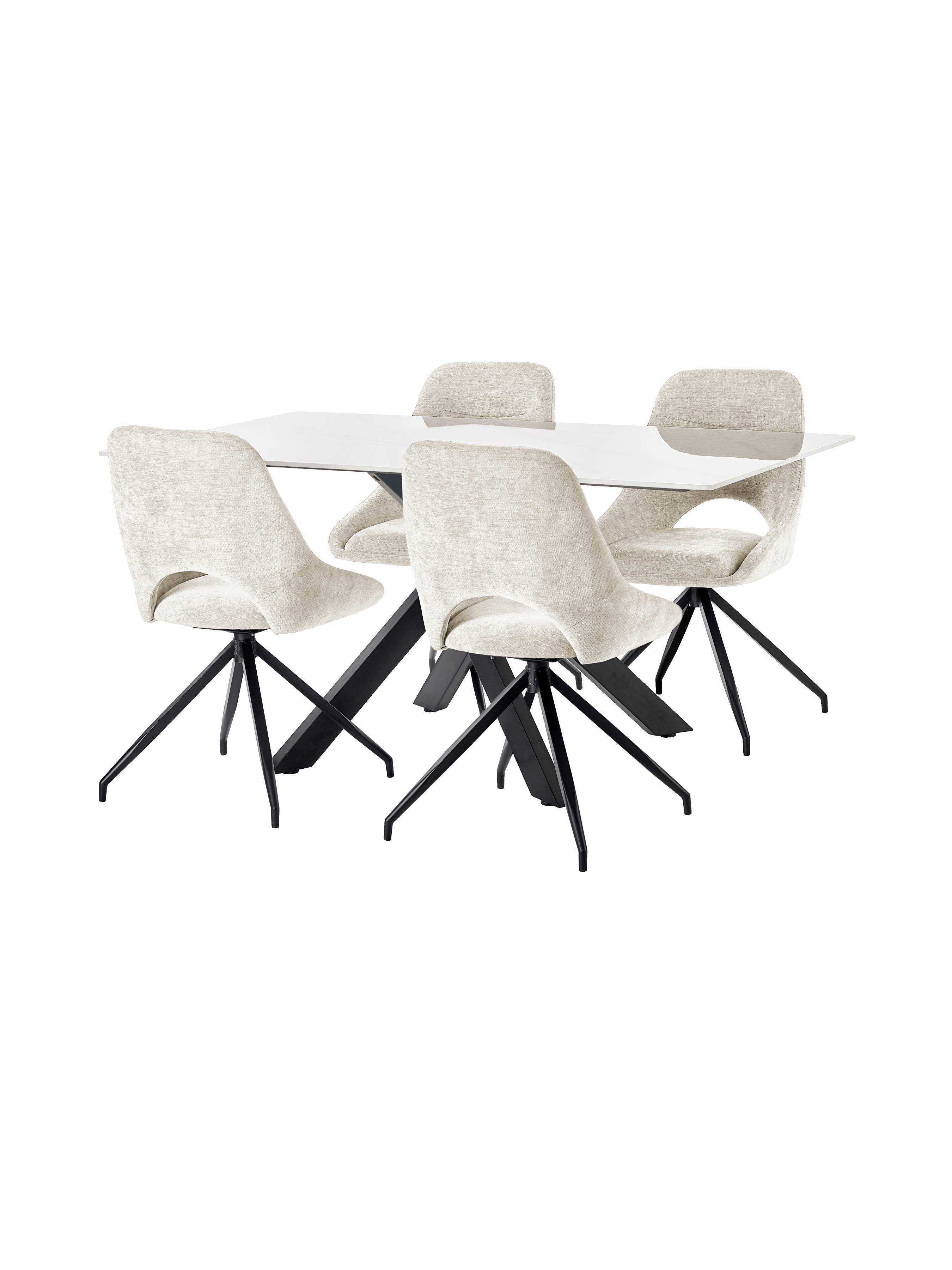 Bradley White Ceramic Marble Effect Rectangular Dining Table Set with 4 Jonah Cream Chenille Upholstered Dining Chairs – White/Black