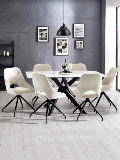 Bradley White Ceramic Marble Effect Rectangular Dining Table Set with 6 Jonah Cream Chenille Upholstered Dining Chairs – White/Black