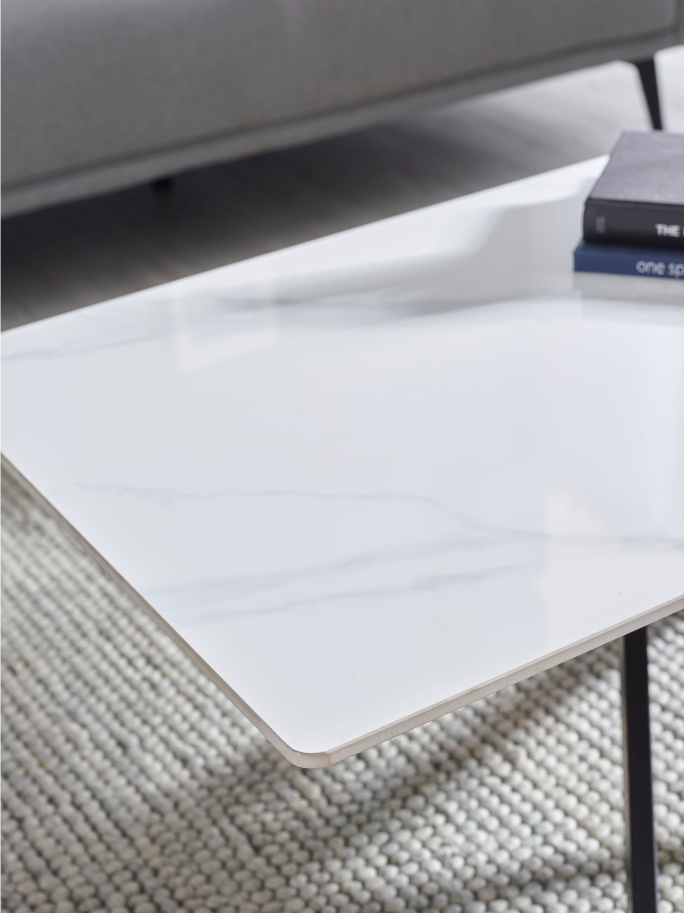 Bradley White Ceramic Marble Effect Rectangular Dining Table Set with 6 Jonah Cream Chenille Upholstered Dining Chairs – White/Black