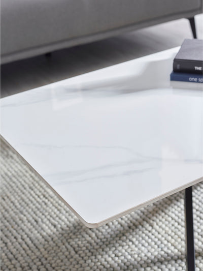 Bradley White Ceramic Marble Effect Rectangular Dining Table Set with 6 Jonah Cream Chenille Upholstered Dining Chairs – White/Black