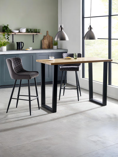 Brooklyn Solid Oak 96cm Bar Table Set with 2 plush Grey Velvet Quilted Stools