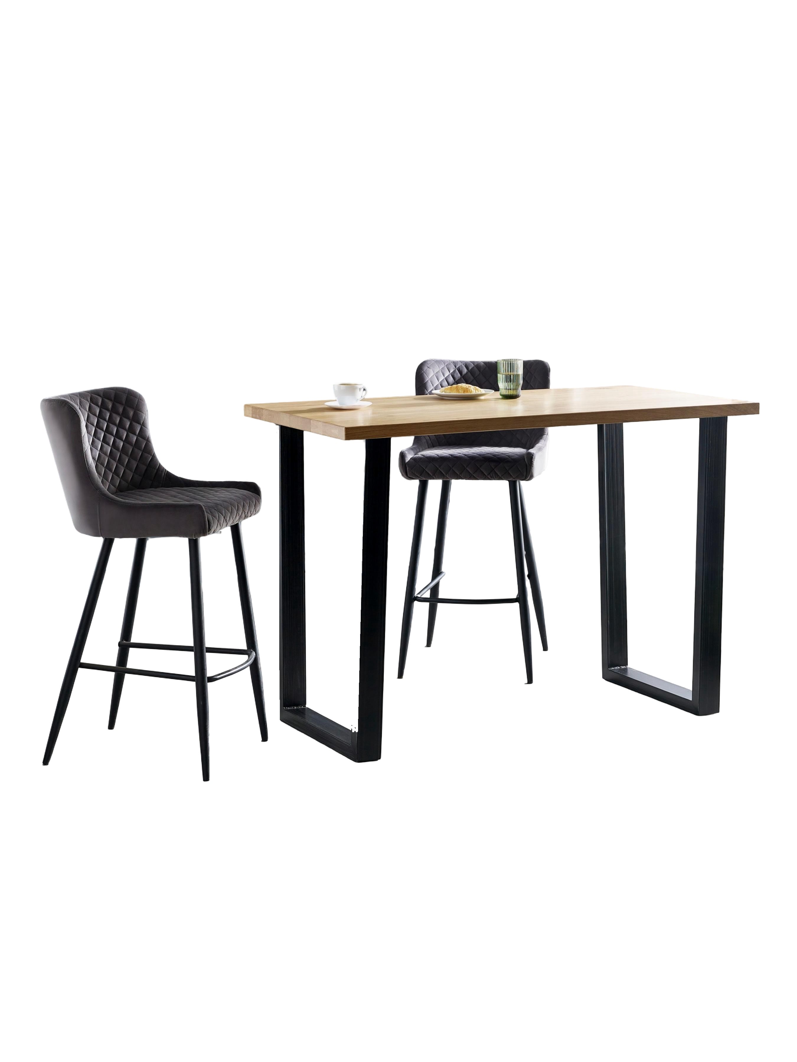 Brooklyn Solid Oak 96cm Bar Table Set with 2 plush Grey Velvet Quilted Stools