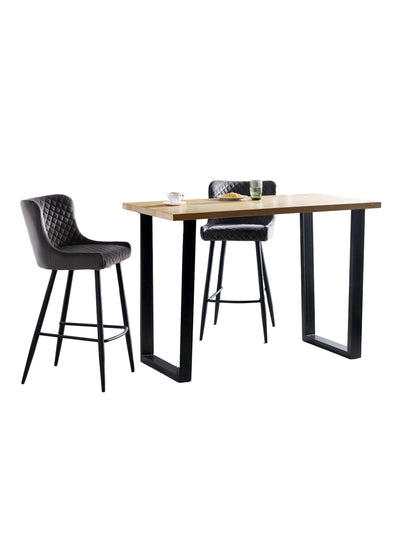 Brooklyn Solid Oak 96cm Bar Table Set with 2 plush Grey Velvet Quilted Stools