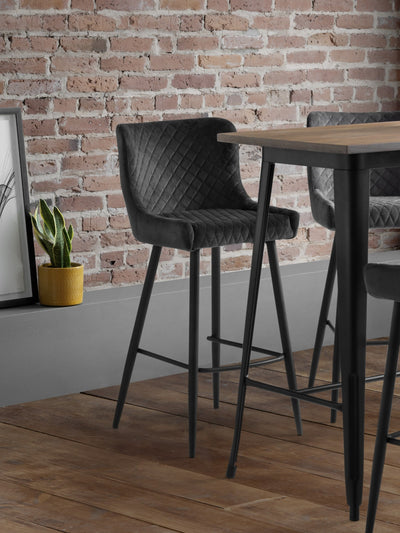 Brooklyn Solid Oak 96cm Bar Table Set with 2 plush Grey Velvet Quilted Stools