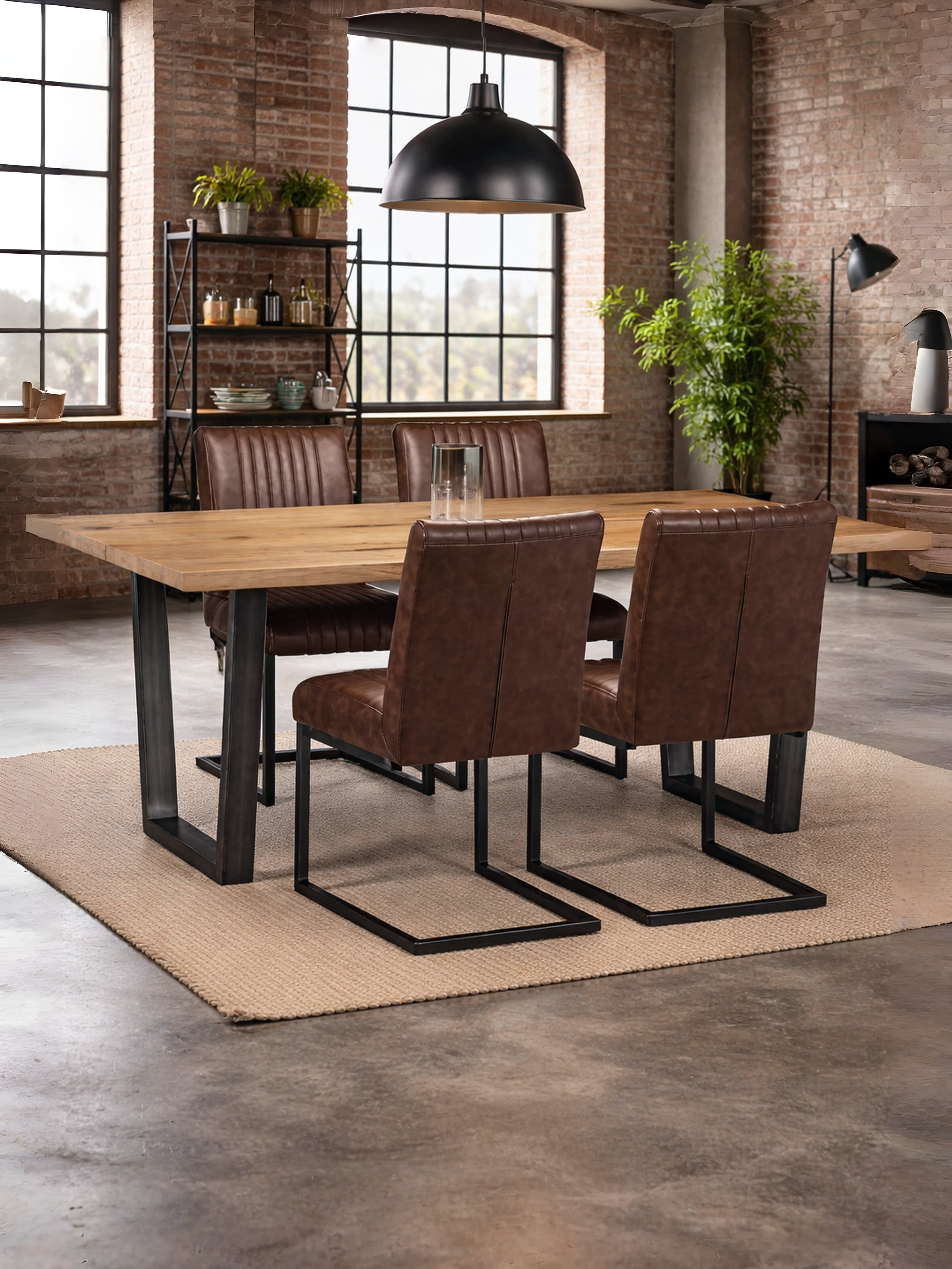 Brooklyn Rectangualr Solid Oak Dining Table Set with 4 Brown Faux Leather Dining Chairs – Oak / Gunmetal