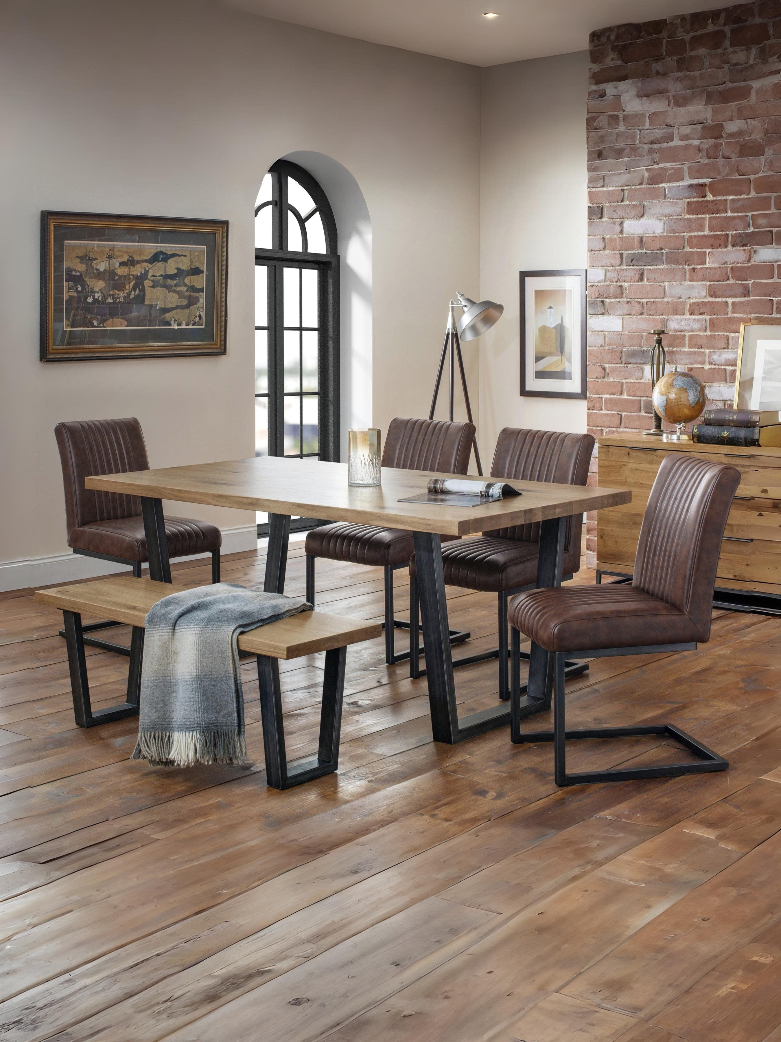 Brooklyn Oak Rectangular Table, 1 Oak Brooklyn Bench and 4 Brown Brooklyn Chairs – Oak / Gunmetal